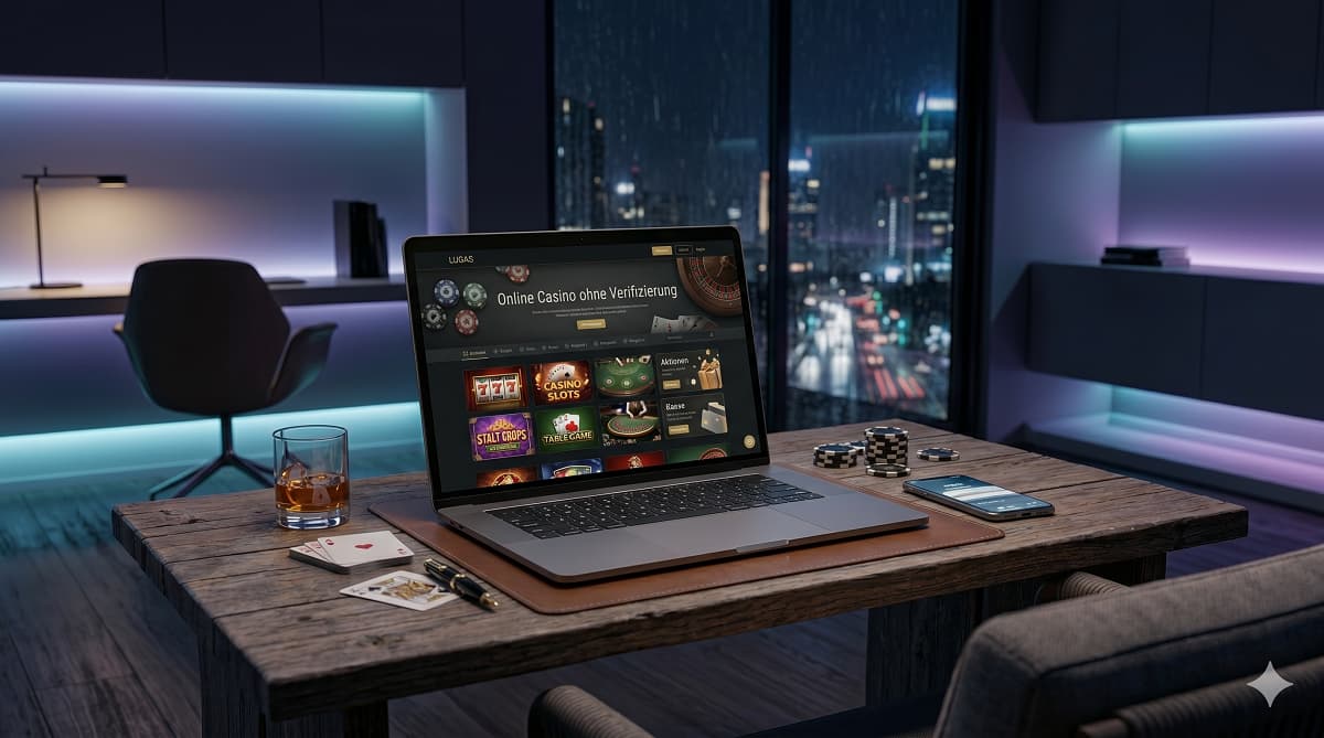 Ein offener Laptop auf einem rustikalen Holztisch zeigt die Webseite eines Online Casino ohne Verifizierung.